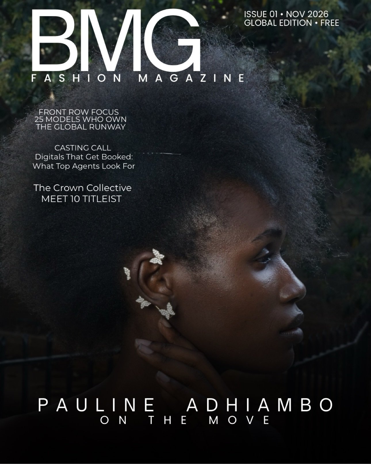BMG Fashion Magazine Issue 01 cover — Pauline Adhiambo in profile, her natural hair crowned with butterfly jewels