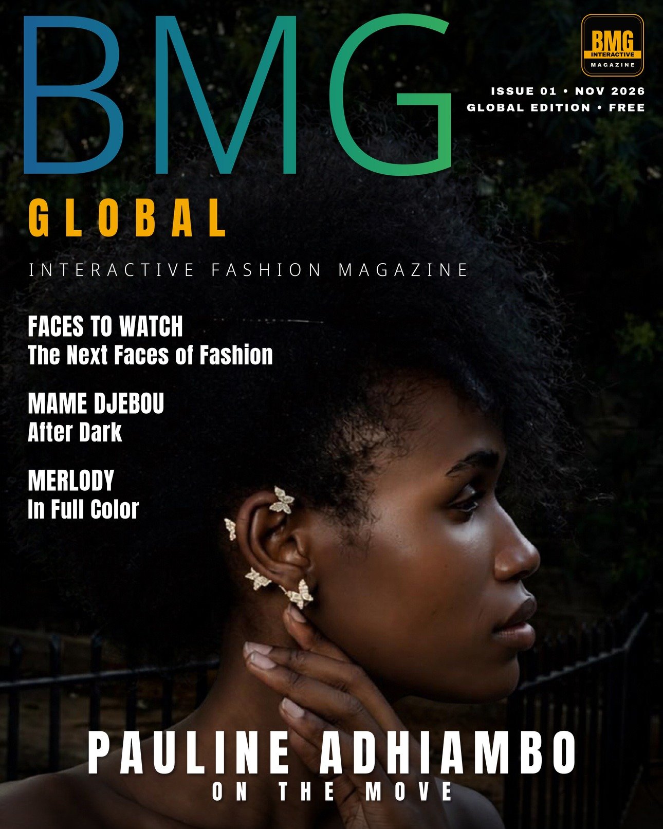 BMG Fashion Magazine Issue 01 cover — Pauline Adhiambo in profile, her natural hair crowned with butterfly jewels
