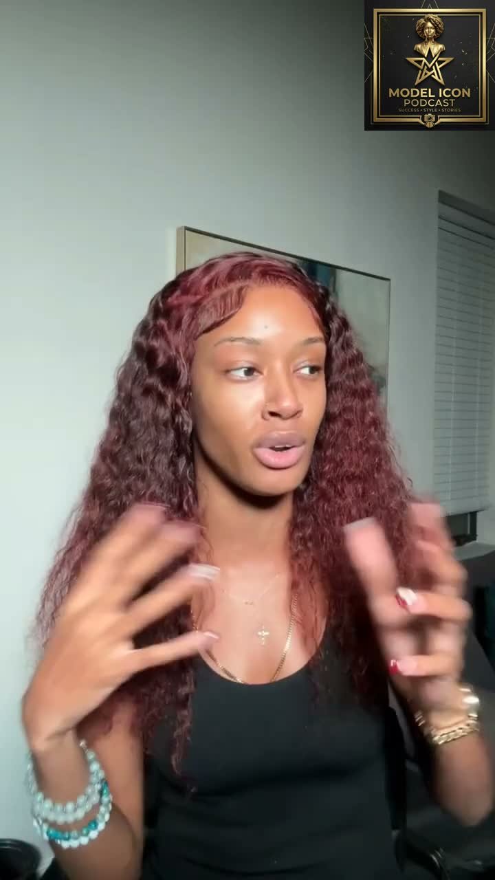 Samantha mid-interview on her Model Icon Podcast Short