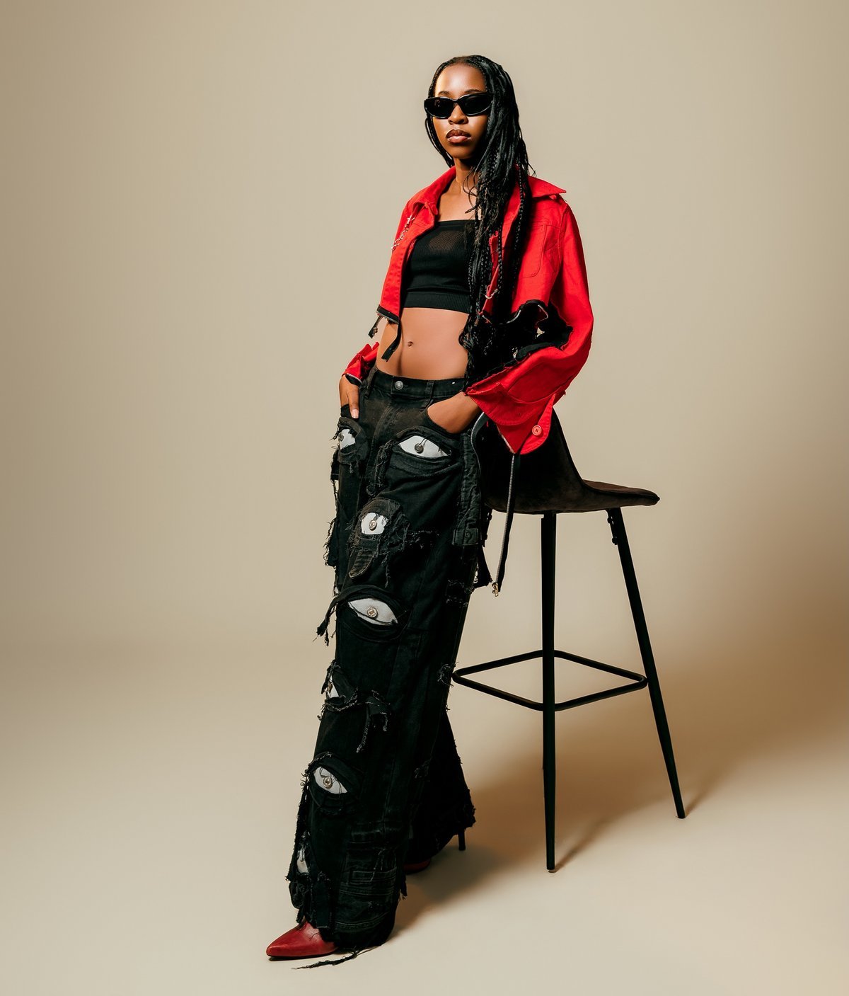 Pheme Katjene full length in the red Banks jacket look